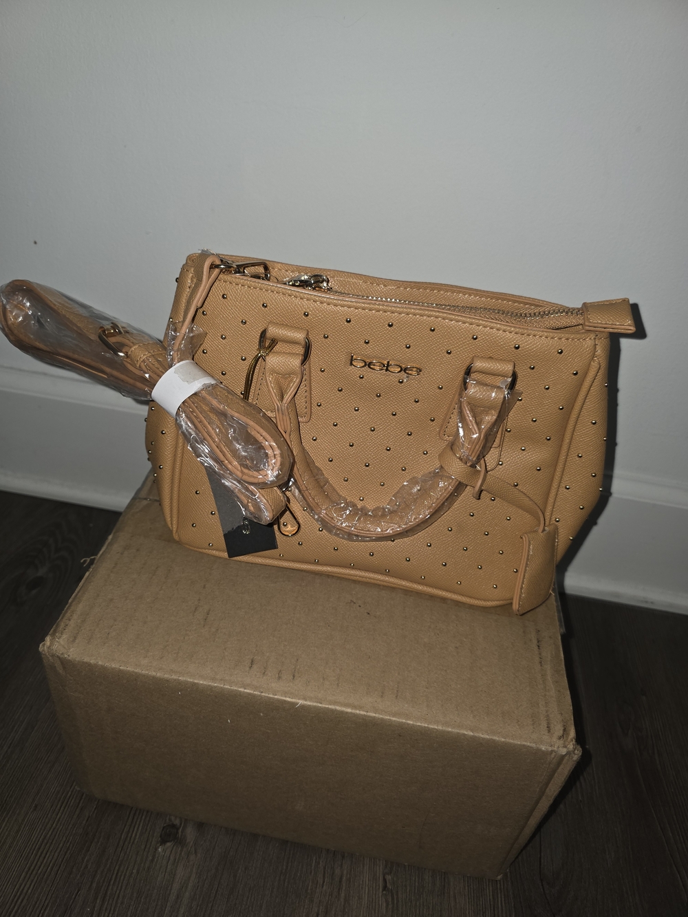 bebe Tan Studded Satchel Handbag